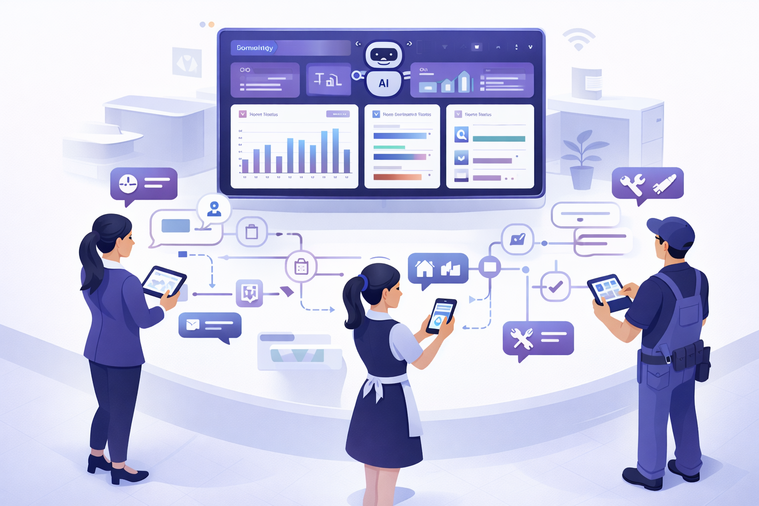 Modern hotel operations center with AI-powered central dashboard connecting front desk, housekeeping, and maintenance staff through tablets and smartphones