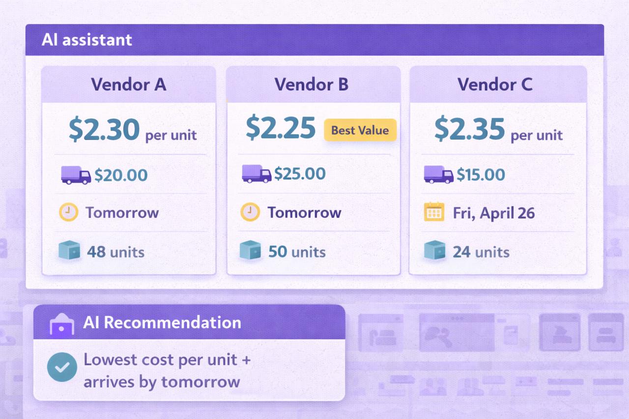 AI assistant comparing three vendors with price per unit, shipping, delivery date, pack size, and a best value recommendation