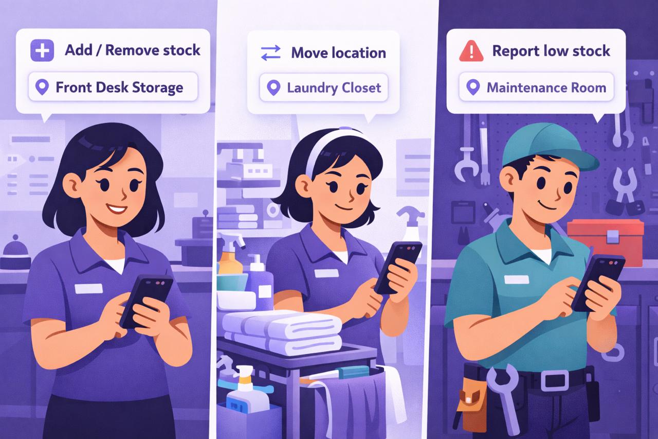 Three hotel staff roles updating inventory on mobile: front desk adding/removing stock, housekeeping moving location, maintenance reporting low stock