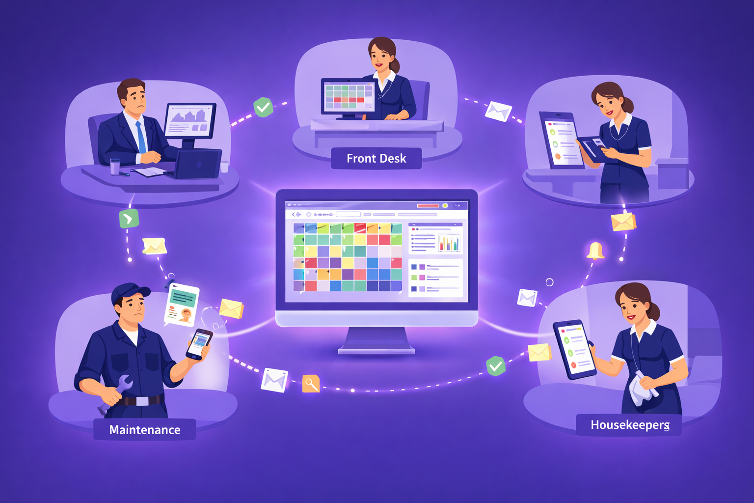Five hotel roles — front desk, housekeeping manager, housekeepers, maintenance, and management — all connected through a central digital dashboard with data flowing between them