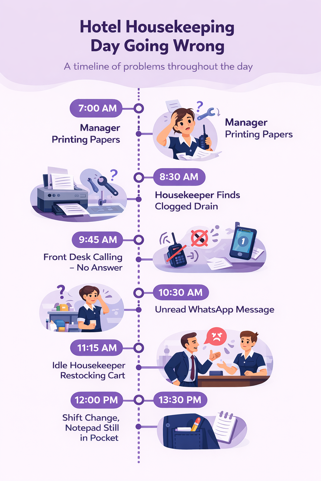Timeline infographic showing a hotel housekeeping day going wrong — from printing papers at 7 AM to a missed VIP at noon and lost shift notes at 3:30 PM