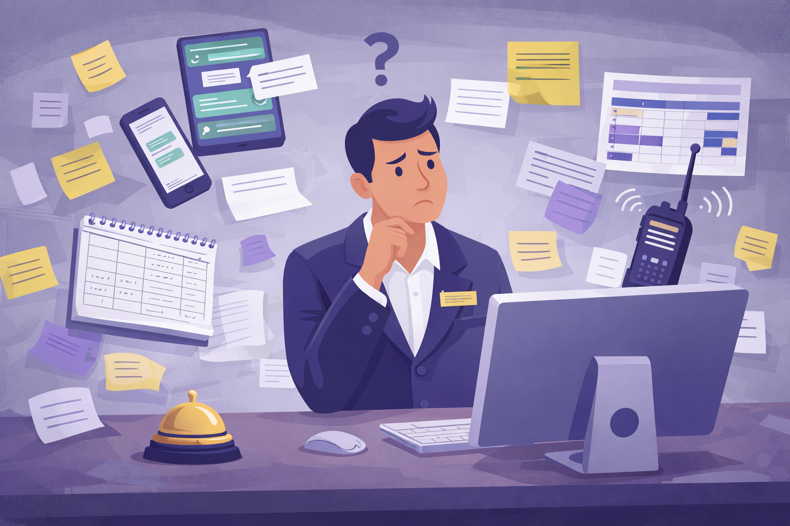 Illustration of a hotel worker surrounded by scattered sticky notes, WhatsApp messages, paper logbooks, and walkie-talkies representing the chaotic operational workarounds hotels use
