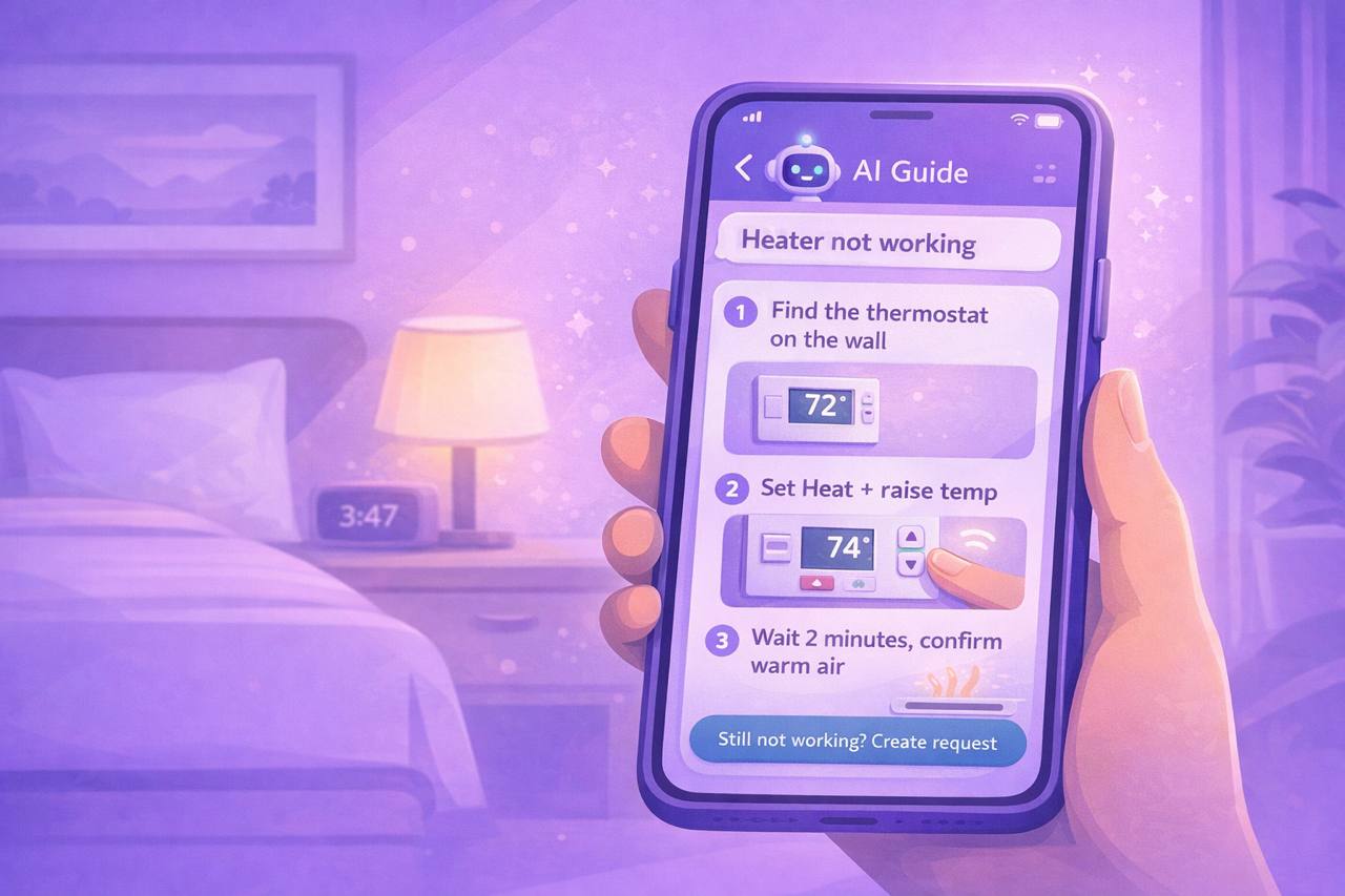 AI assistant guiding a hotel guest through step-by-step troubleshooting with pictures