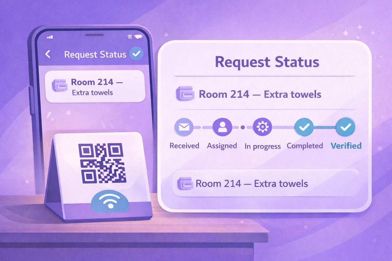 Guest request tracking screen showing statuses from received to verified