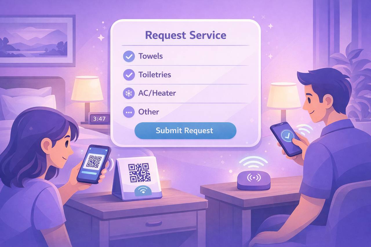 Guest scanning a QR code and tapping an NFC tag to open a hotel request form