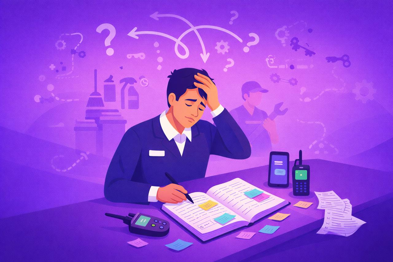 Stressed hotel front desk staff managing a manual shift handover with logbook, sticky notes, chat messages, and walkie-talkie