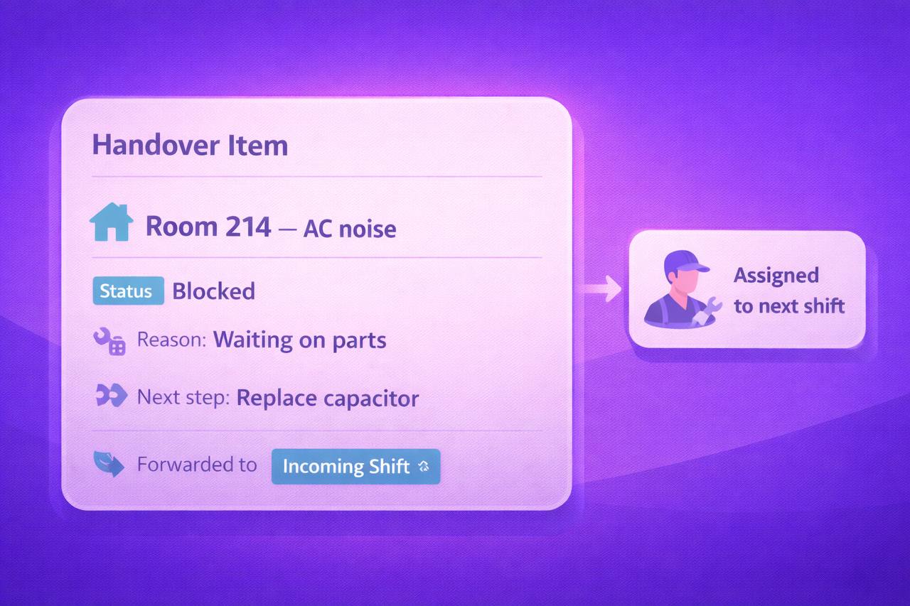 Handover item card showing an unresolved maintenance issue with status, reason, next step, and forwarding to the incoming shift