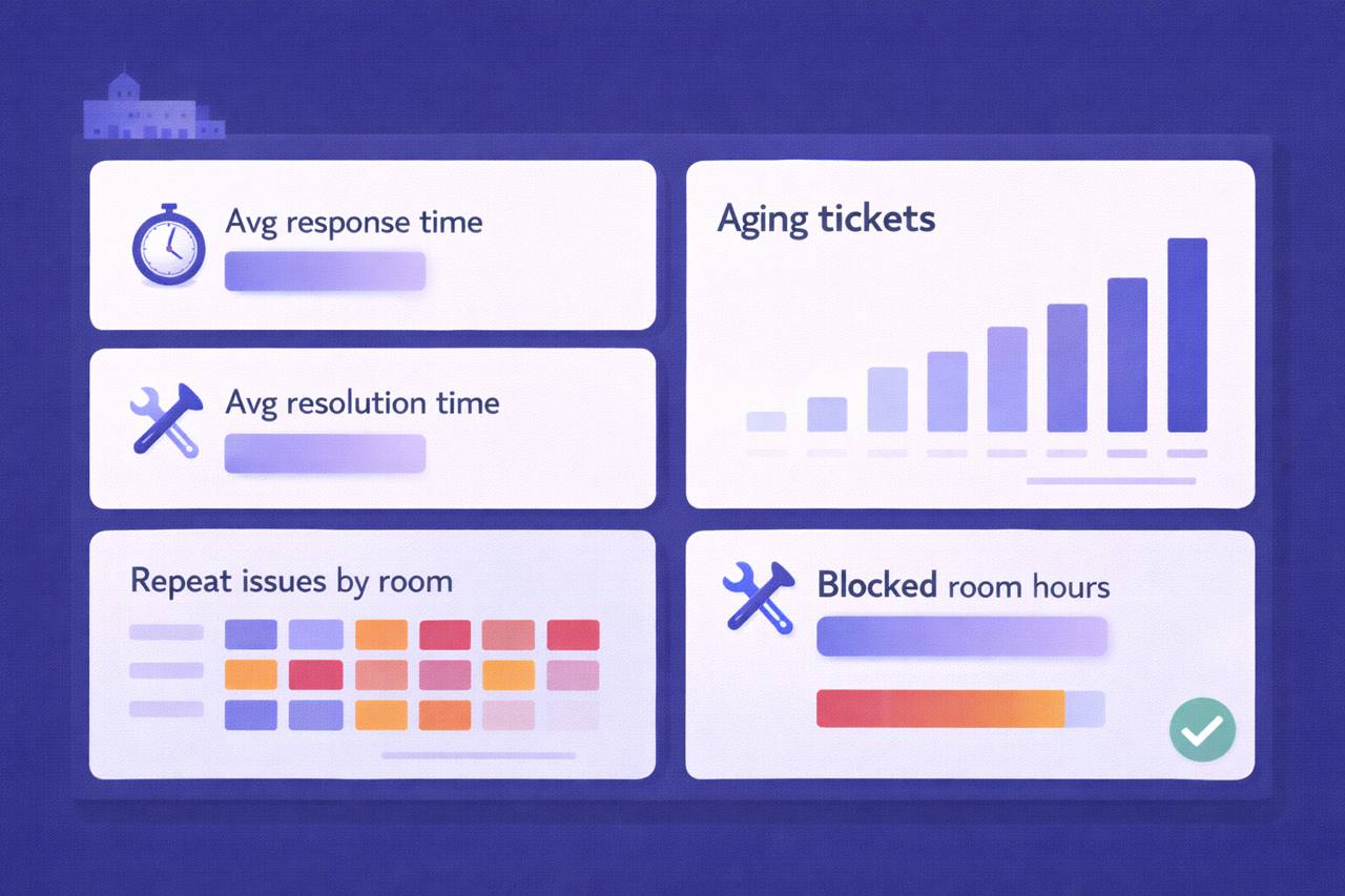 Hotel maintenance dashboard showing KPIs, ticket aging, repeat issues by room, and blocked room hours