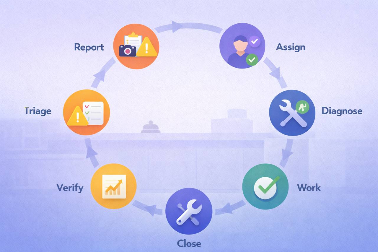A seven-step maintenance lifecycle showing report, triage, assign, diagnose, work, verify, and close phases