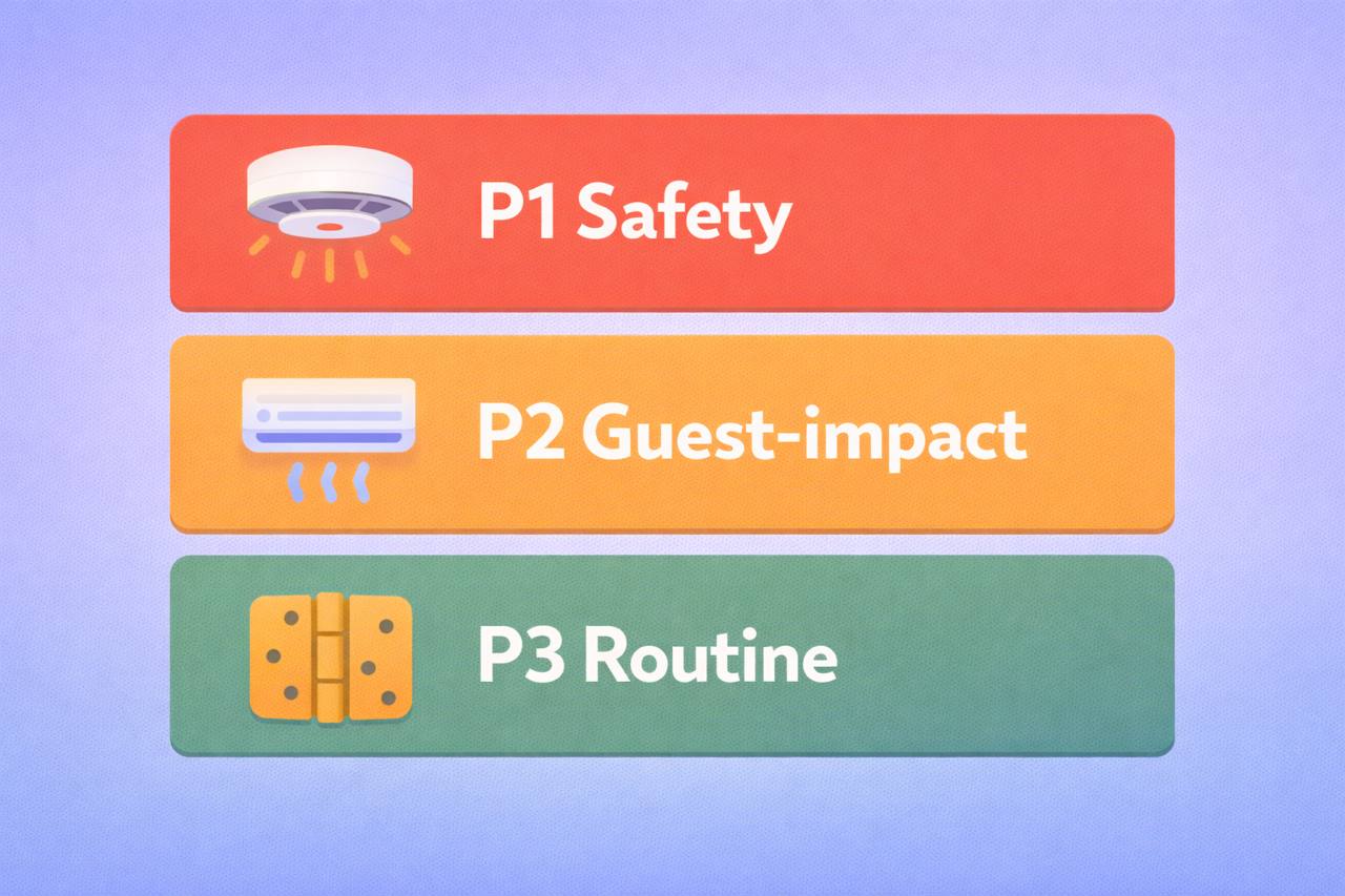 Priority ladder infographic for hotel maintenance requests: P1 safety, P2 guest-impact, P3 routine