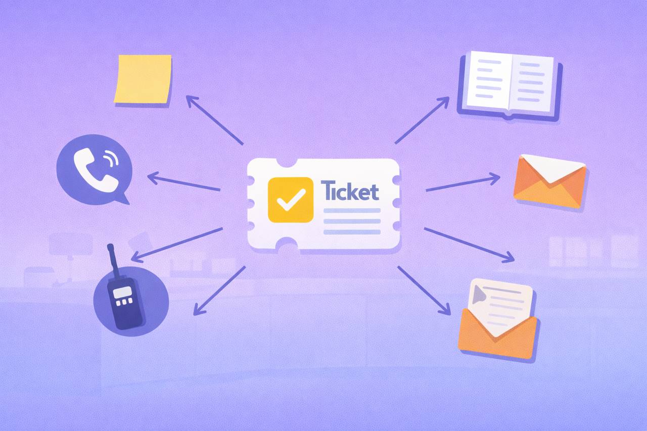 Infographic showing many hotel maintenance request channels like sticky notes, logbooks, calls, and chats converging into confusion