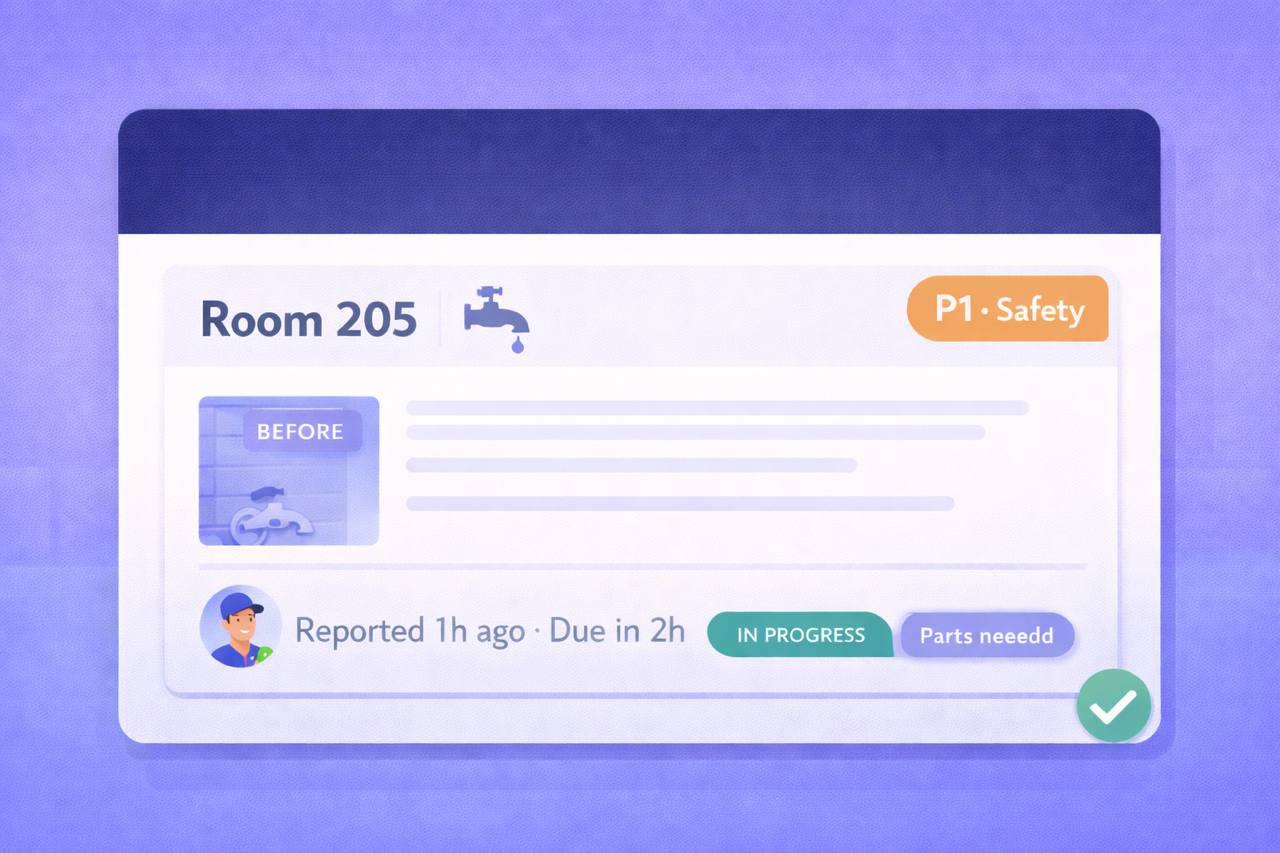 Example maintenance ticket card showing fields like room, category, priority badge, photo, description, assignee, status, timestamps, and verification